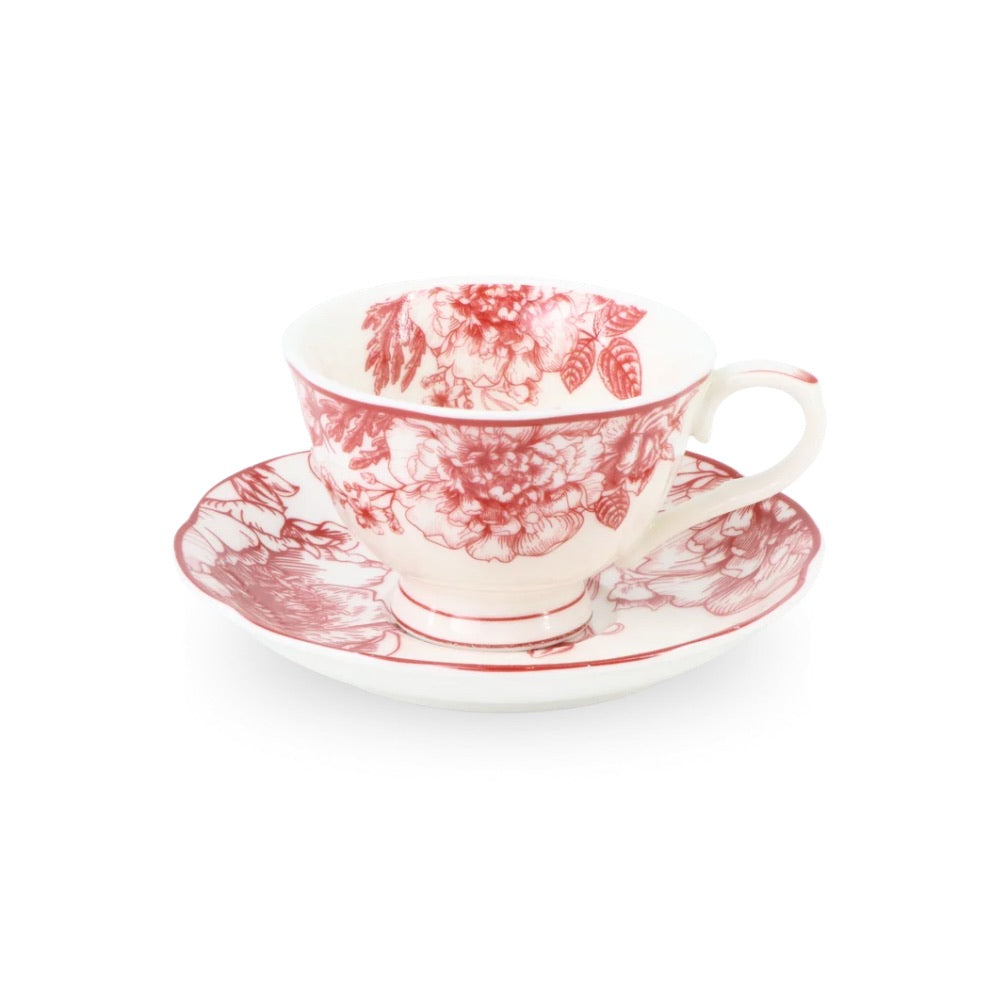 6 Cup Tea Cup & Saucer Set Floral Red