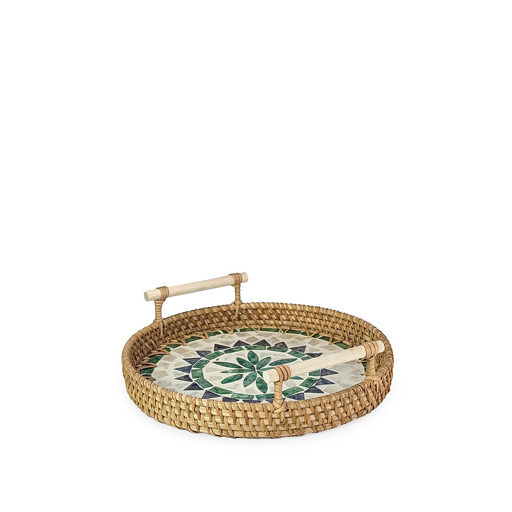 Rattan Tray Geometric Round w/ Handle 24cm