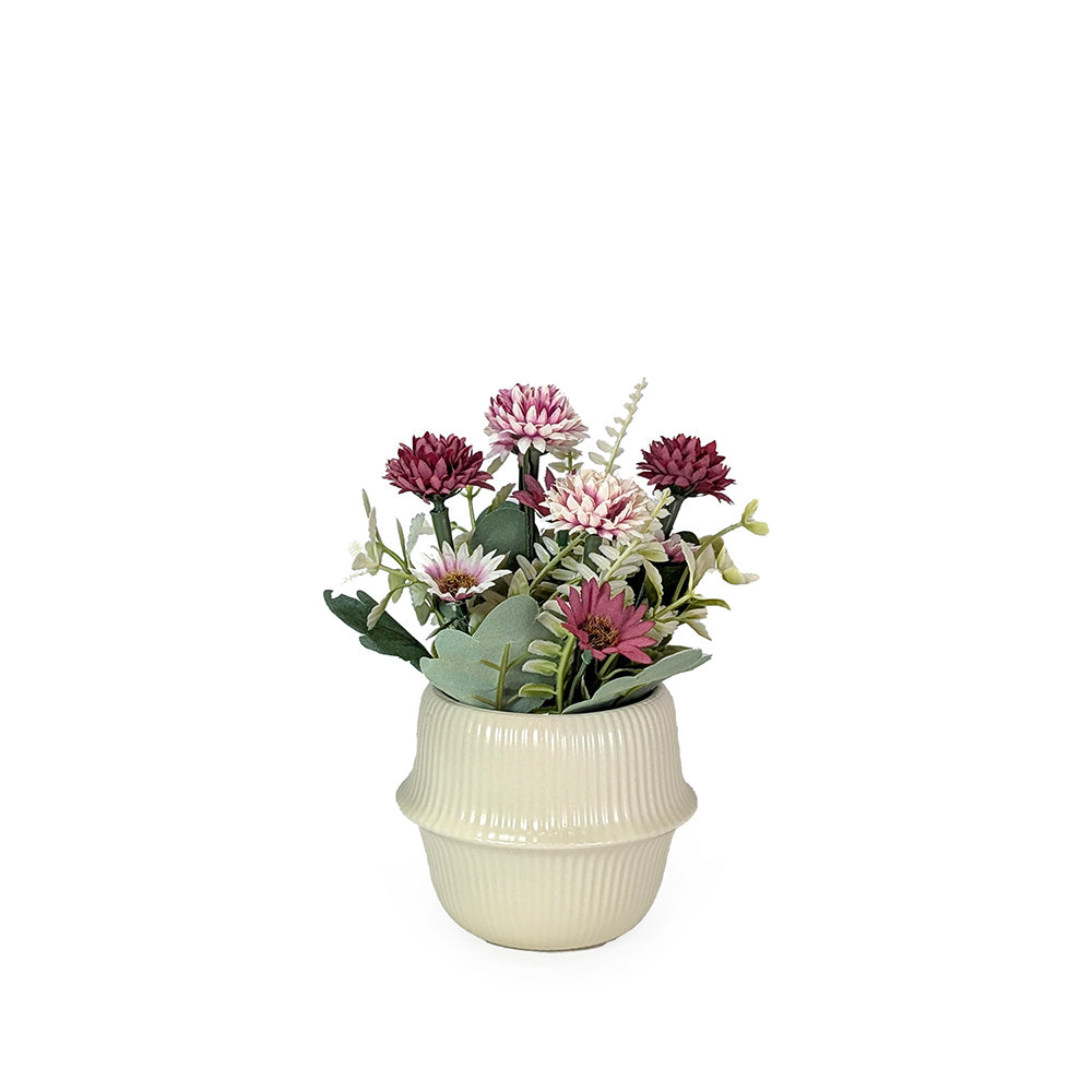 Artificial Ruby Flowers in Off White Ceramic Pot