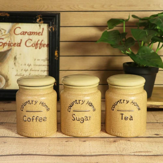 Beige Country Ceramic Sugar Tea Coffee Jars