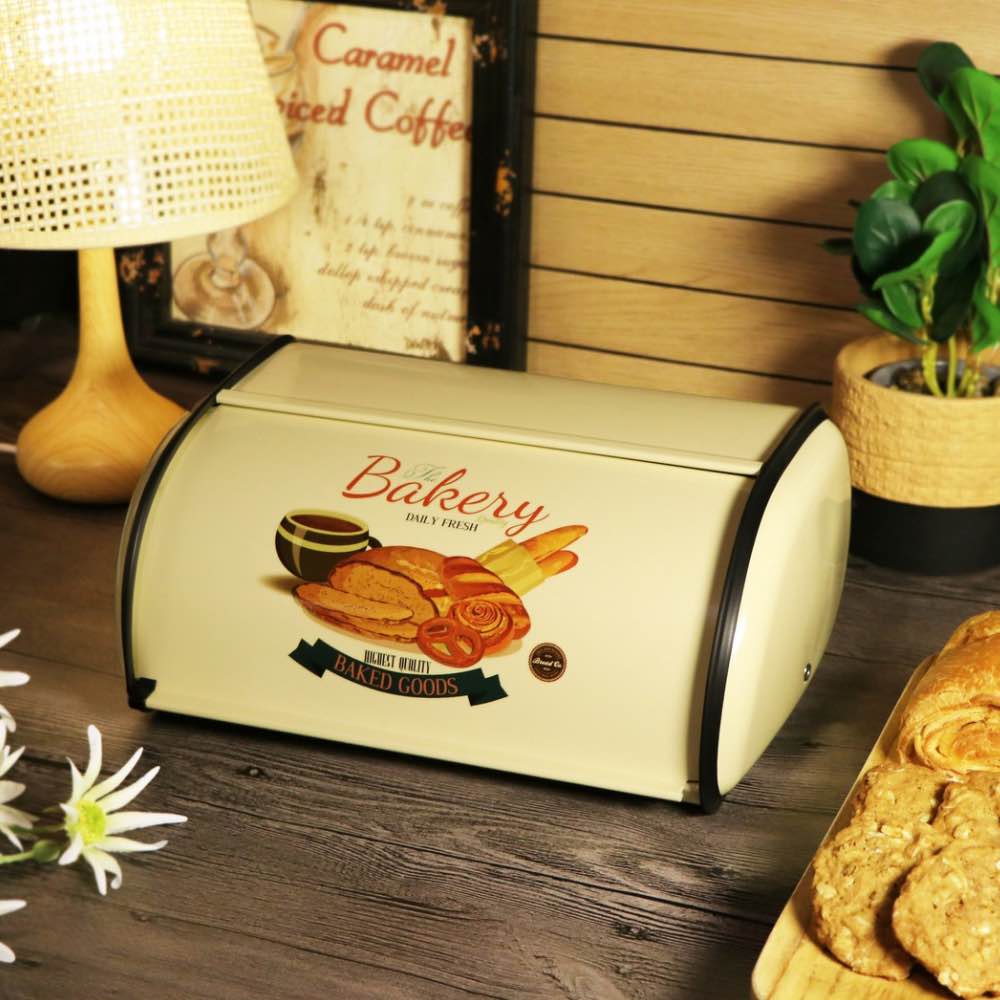 Beige Enamel Metal Bread Box