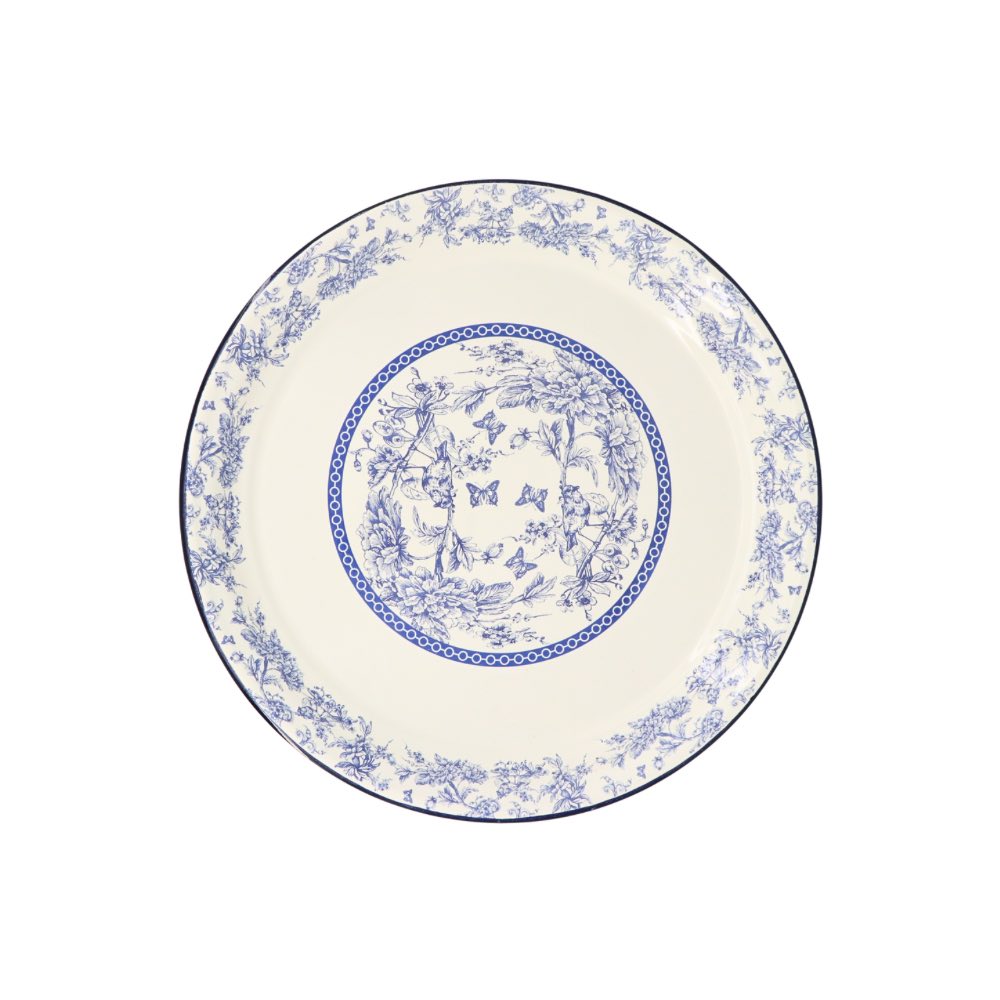 Enamel Metal Tray Round Blue Floral 40cm