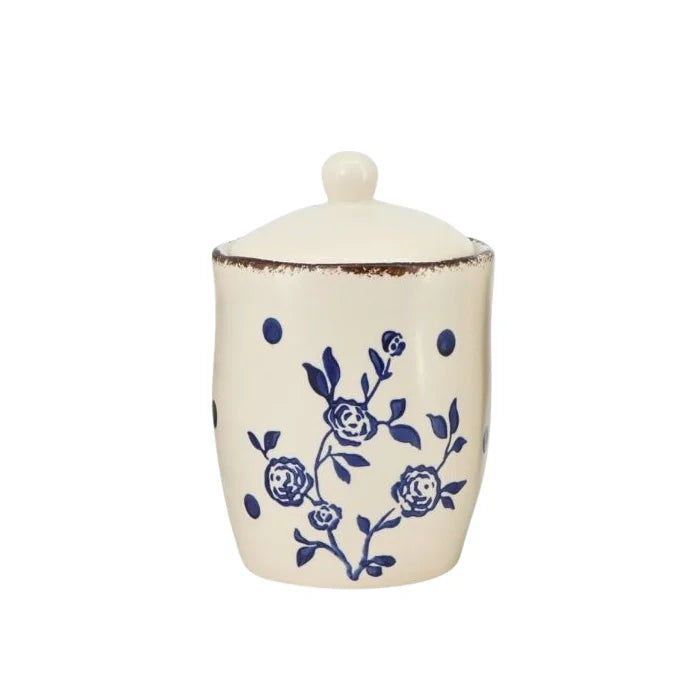 White Ceramic Jar w/ Blue Flower