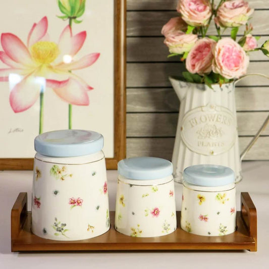 3 Pcs Ceramic Jars w/ Wooden Stand Blue