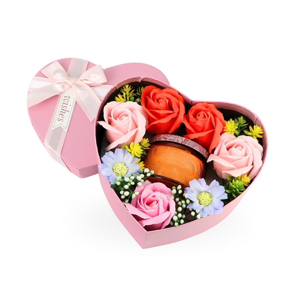 Scented Candle & Soap Flowers Gift Set Heart Pink