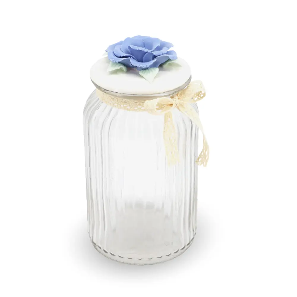 Glass Canister w/ Lid Blue Rose Large