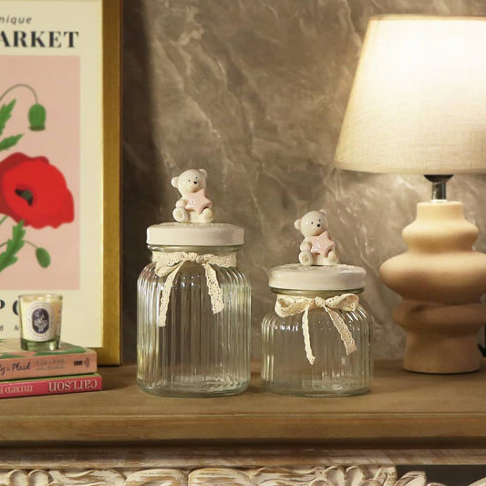 Glass Canister w/ Lid Bear Medium White