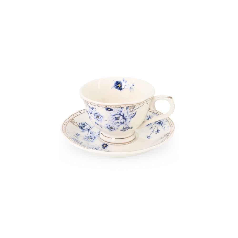 6 Cup Espresso Coffee Cup & Saucer Set Floral Blue