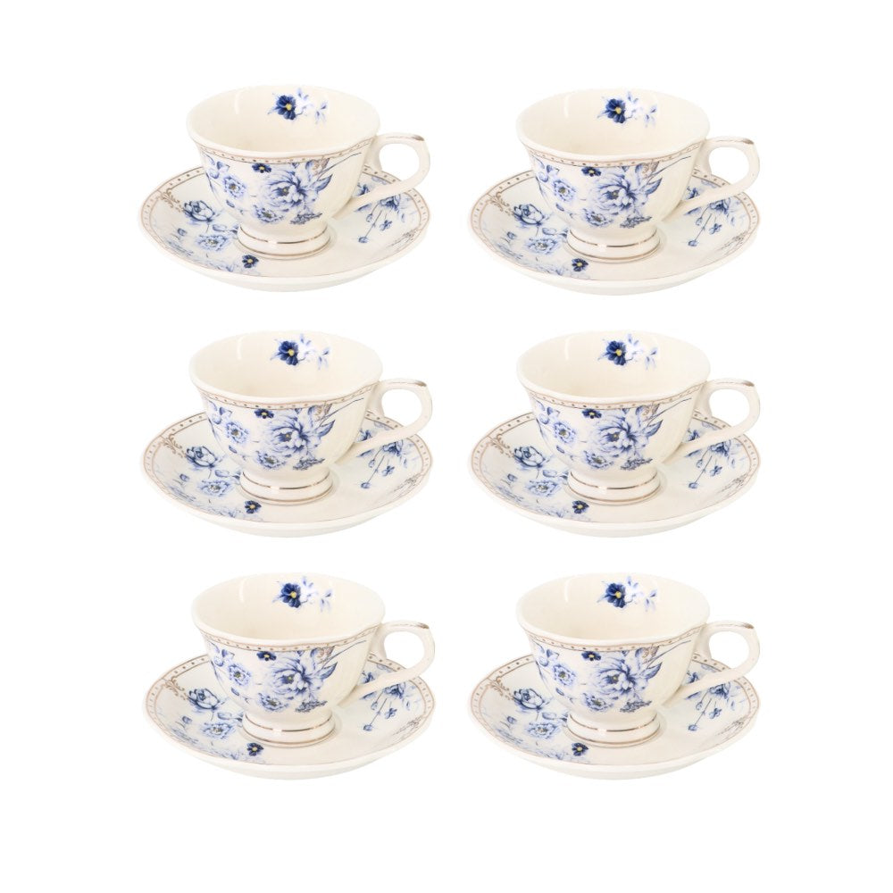 6 Cup Espresso Coffee Cup & Saucer Set Floral Blue