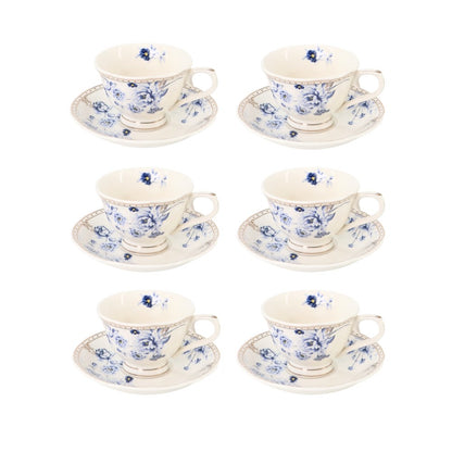 6 Cup Espresso Coffee Cup & Saucer Set Floral Blue