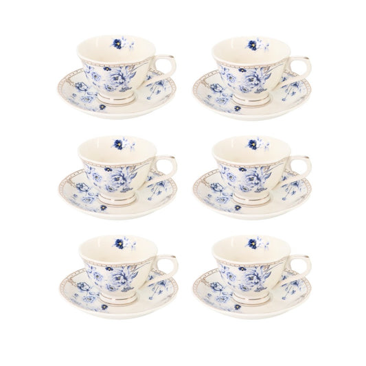 6 Cup Espresso Coffee Cup & Saucer Set Floral Blue