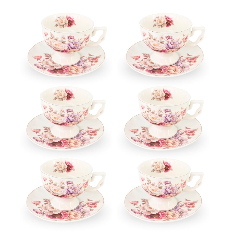 6 Cup Tea Cup & Saucer Set White Rose
