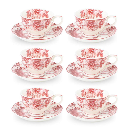 6 Cup Tea Cup & Saucer Set Floral Red