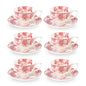 6 Cup Tea Cup & Saucer Set Floral Red