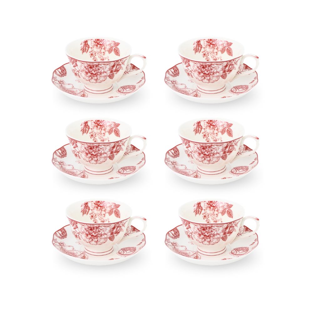 6 Cup Espresso Coffee Cup & Saucer Set Floral Red