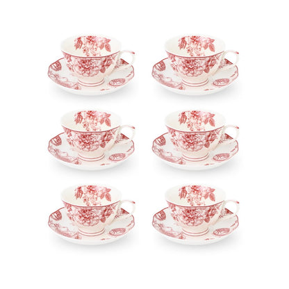 6 Cup Espresso Coffee Cup & Saucer Set Floral Red