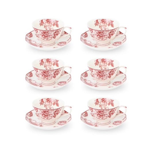 6 Cup Espresso Coffee Cup & Saucer Set Floral Red