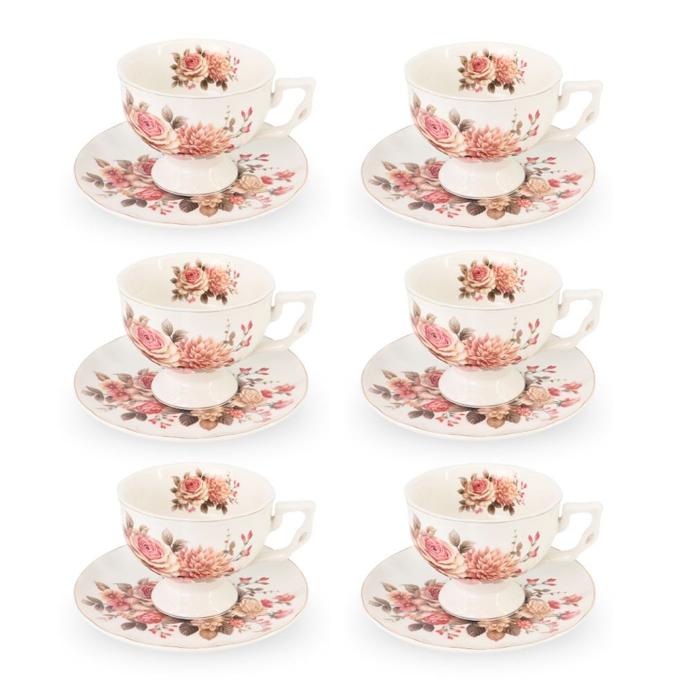 6 Cup Tea Cup & Saucer Set Pink Rose