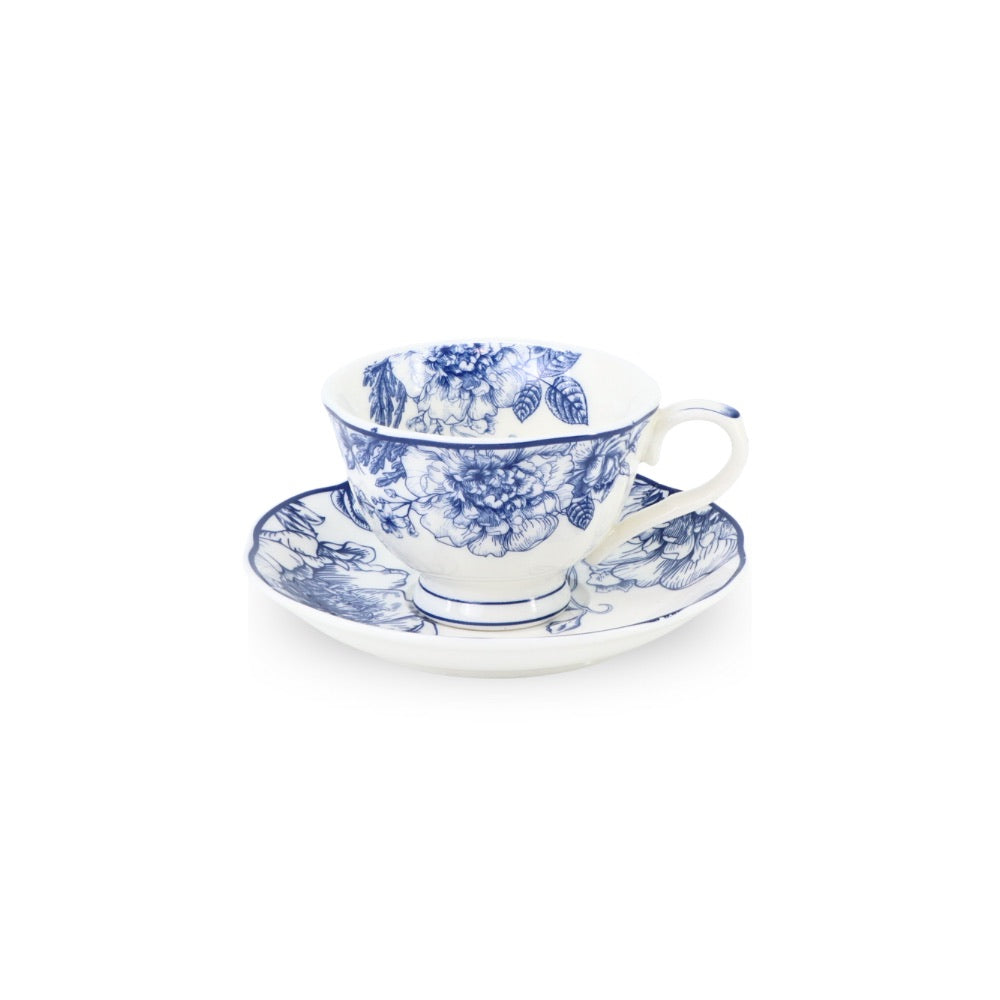 6 Cup Espresso Coffee Cup & Saucer Set Floral Blue