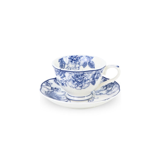 6 Cup Espresso Coffee Cup & Saucer Set Floral Blue