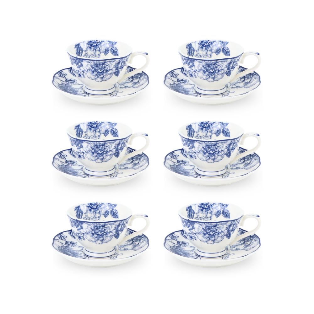 6 Cup Espresso Coffee Cup & Saucer Set Floral Blue