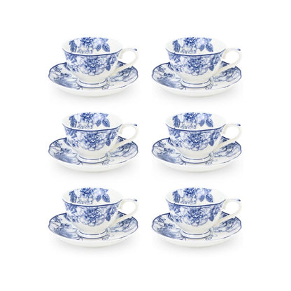 6 Cup Espresso Coffee Cup & Saucer Set Floral Blue