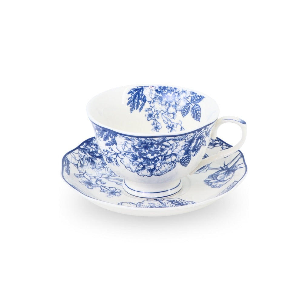 6 Cup Tea Cup & Saucer Set Floral Blue