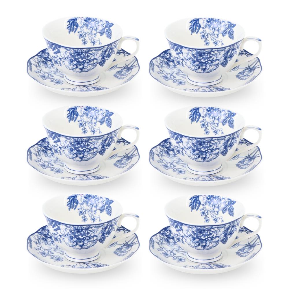 6 Cup Tea Cup & Saucer Set Floral Blue