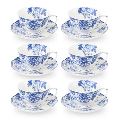 6 Cup Tea Cup & Saucer Set Floral Blue