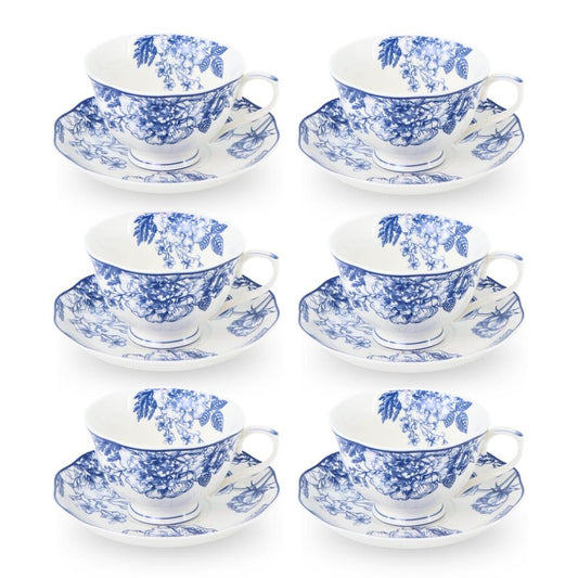 6 Cup Tea Cup & Saucer Set Floral Blue