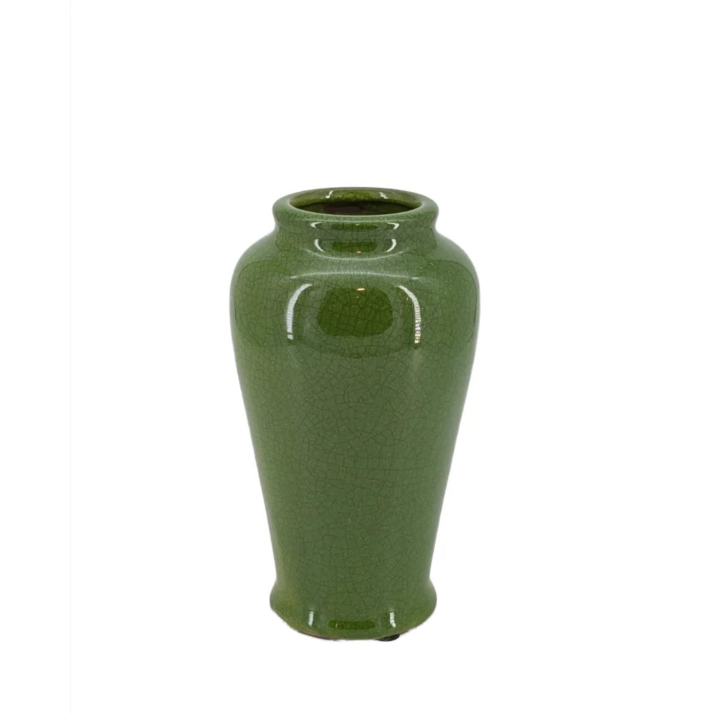 Green ceramic vase on a white background