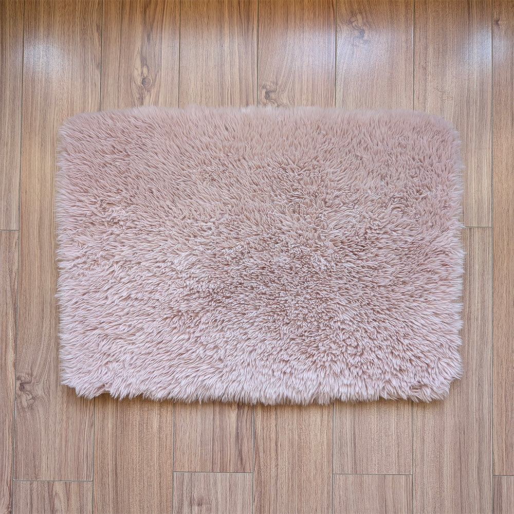 Beige shaggy rug on a wooden floor