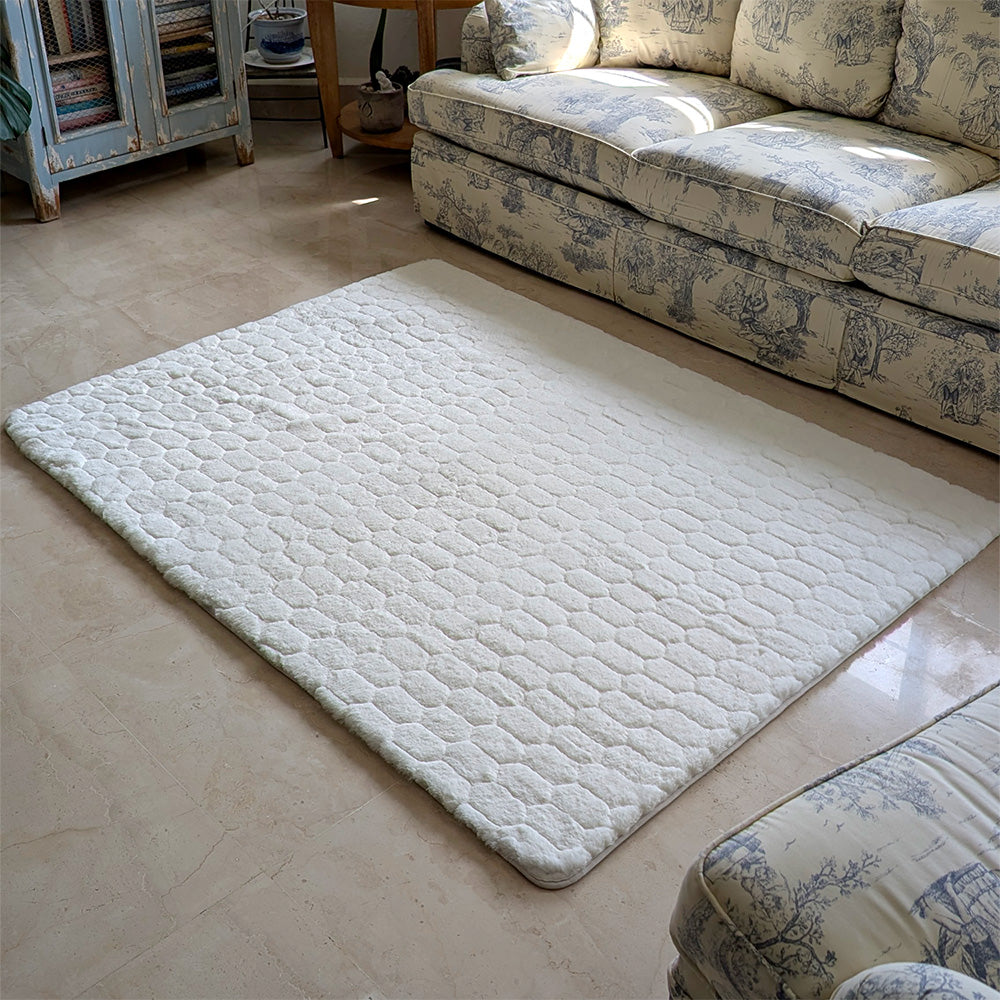 White rug on a marble floor with a patterned sofa in the background
