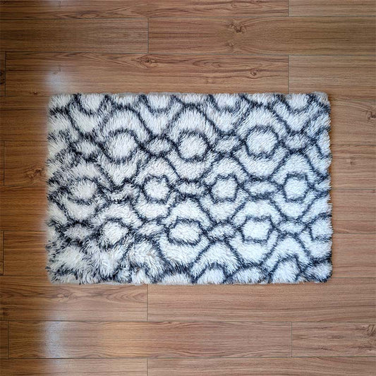 Patterned rug on a wooden floor