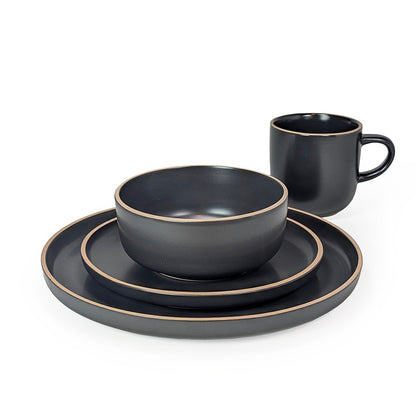 Ceramic Dinner Set Black with Natural Trim