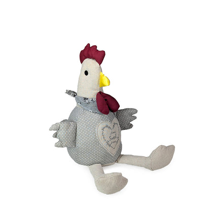 Stuffed rooster toy with gray body and red comb on a white background