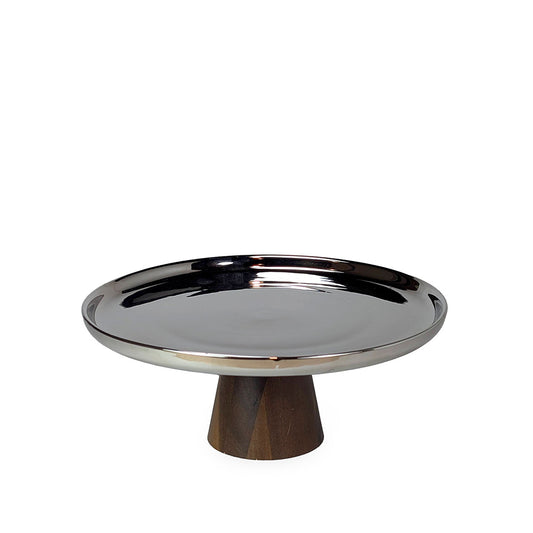 Teak Base Cake Stand Mirror Finish 25cm