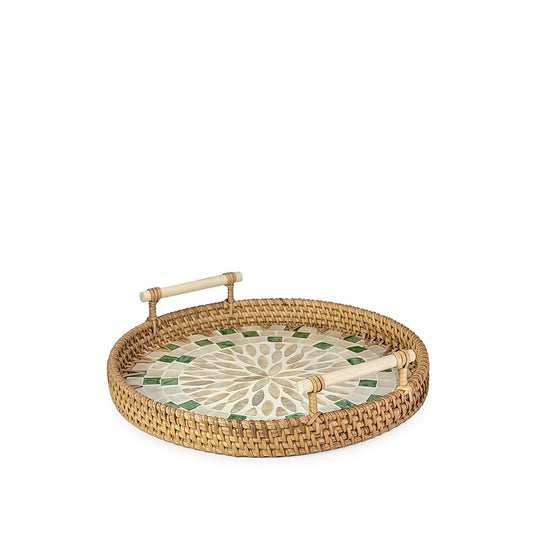 Rattan Tray Flower Round w/ Handle 28cm