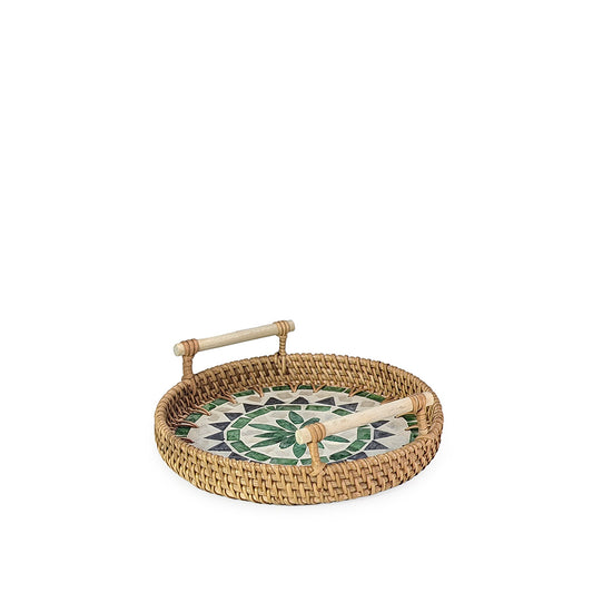 Rattan Tray Geometric Round w/ Handle 22cm