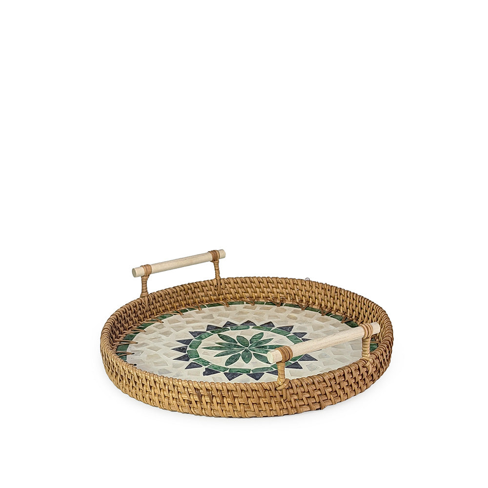Rattan Tray Geometric Round w/ Handle 28cm