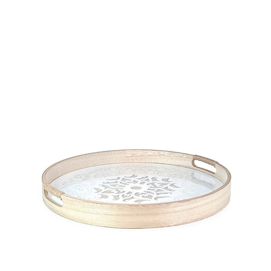 Wooden Tray Round w/ Glass 40cm