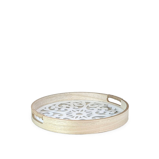 Wooden Tray Round w/ Glass 35cm