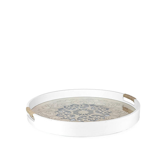 White Wooden Tray Round w/ Glass 40cm