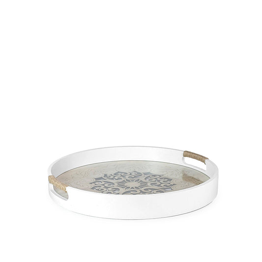 White Wooden Tray Round w/ Glass 35cm