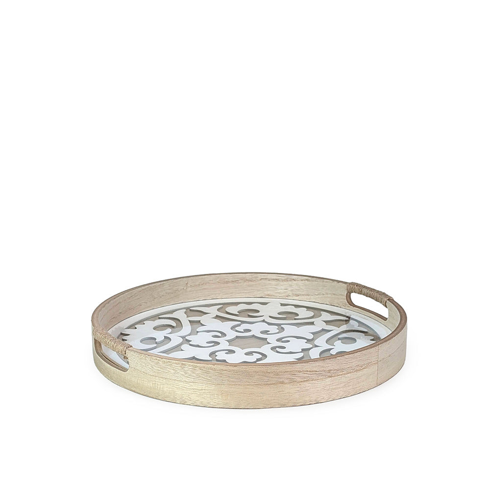 Wooden Tray Round w/ Glass 35cm