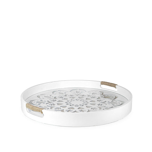 White Wooden Tray Round w/ Glass 40cm