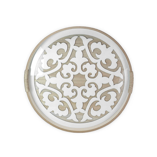 Wooden Tray Round w/ Glass 40cm