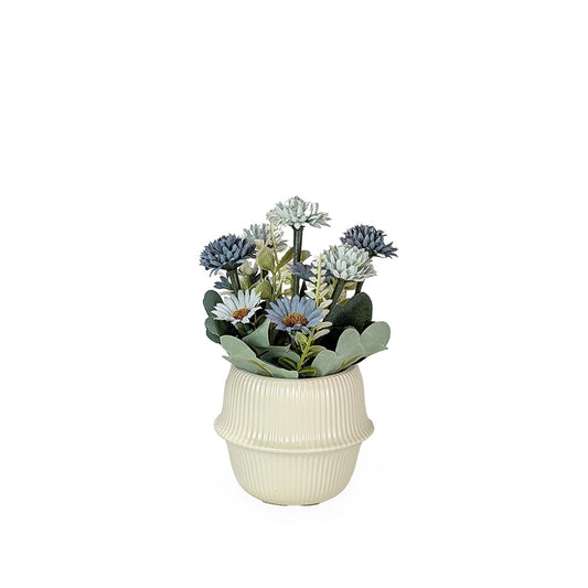 Artificial Blue Flowers in Off White Ceramic Pot