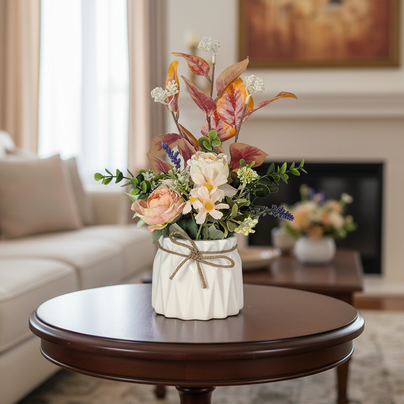Floral arrangement in a vase on a wooden table in a living room.