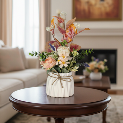 Floral arrangement in a vase on a wooden table in a living room.